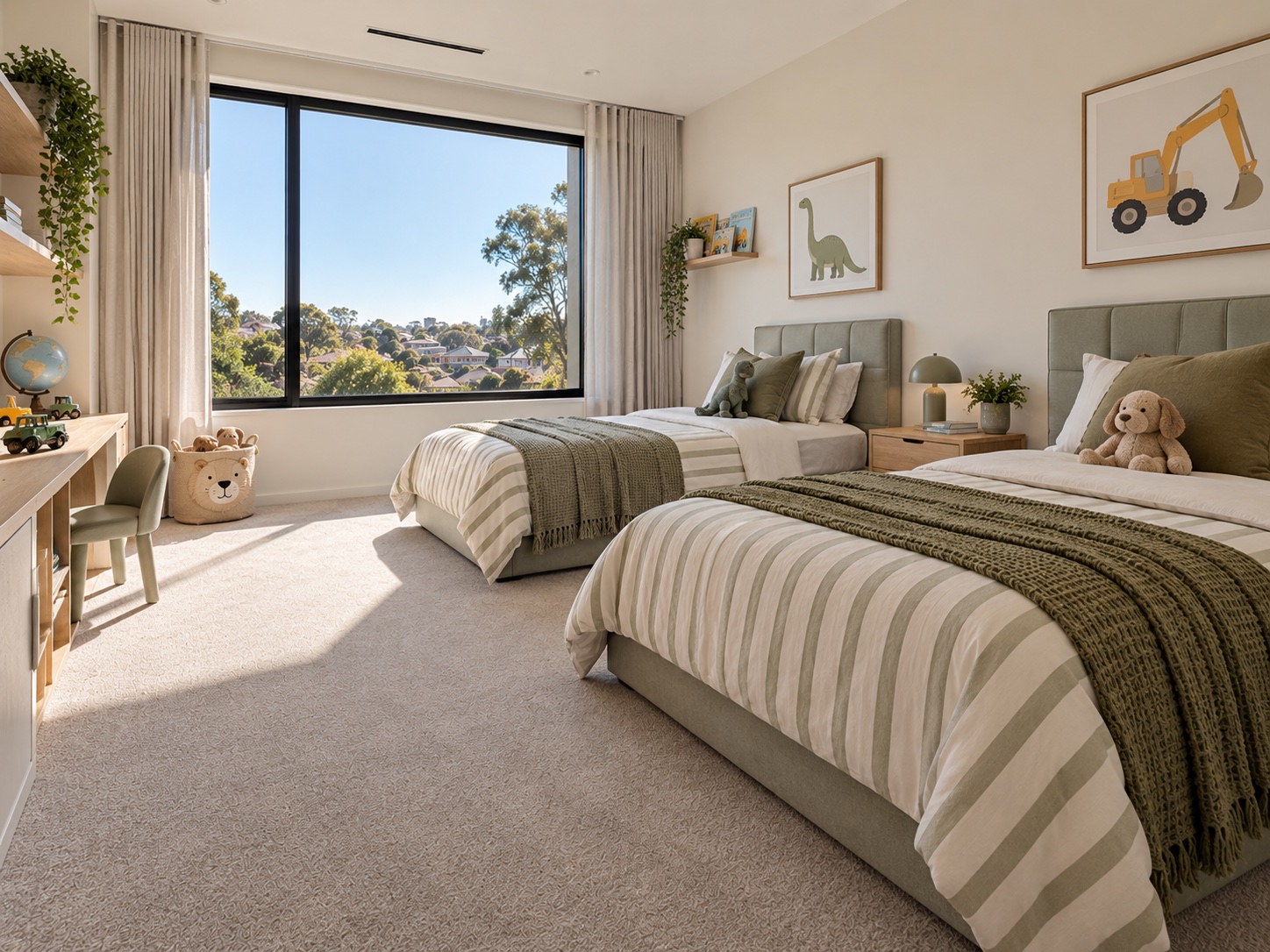 A children's bedroom with two single beds side by side on pale beige carpet, a small desk and chair, and soft toys
