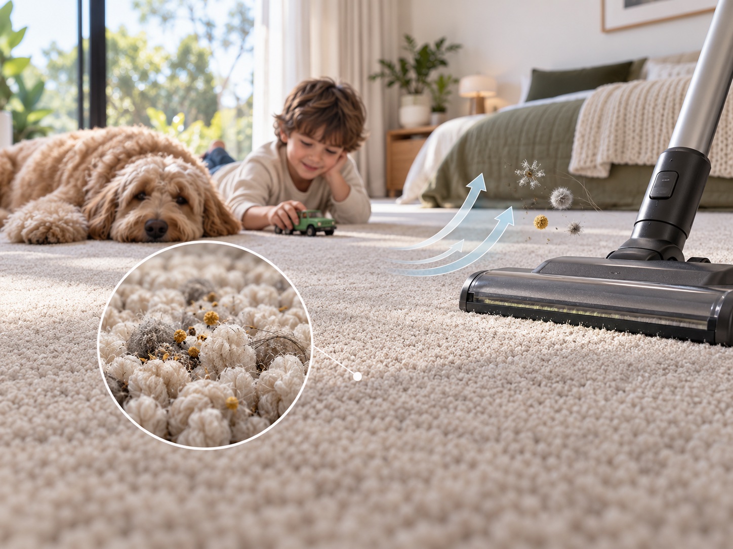 A cordless vacuum cleaning a cream carpet in a bedroom while a child and a dog lie on the floor nearby. Arrows and a magnified circle illustrate dust and pet hair being lifted out of the carpet pile