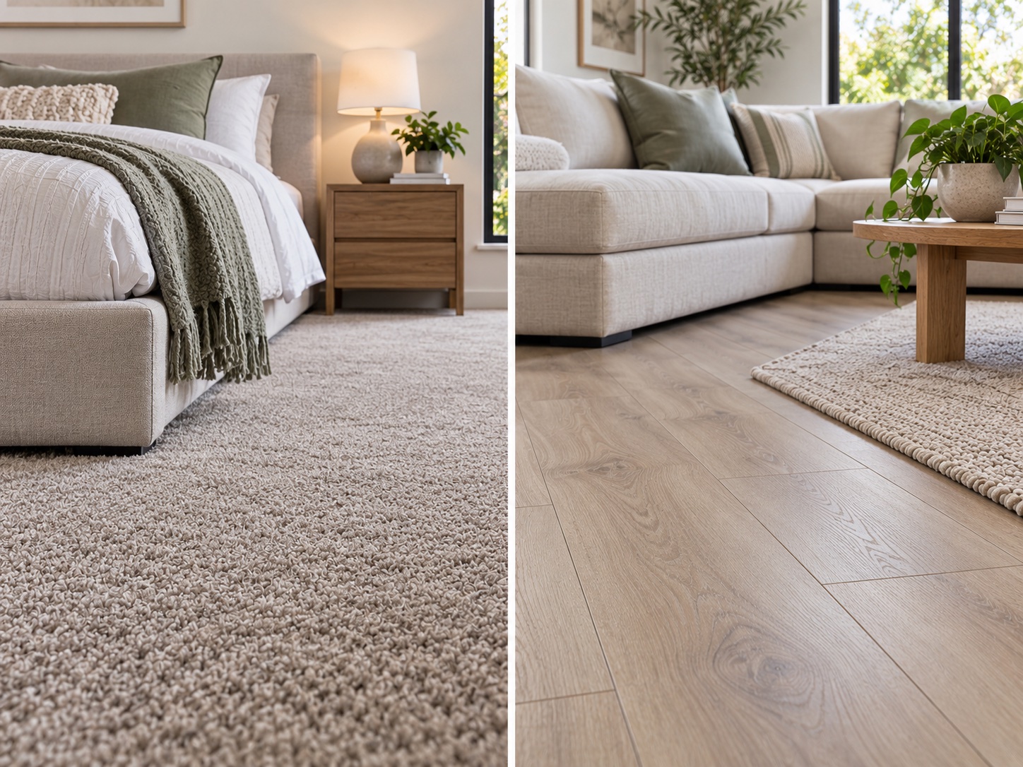 A side-by-side close view: on the left carpet pile beside a bed, on the right hybrid planks beside a sofa with a rug over them