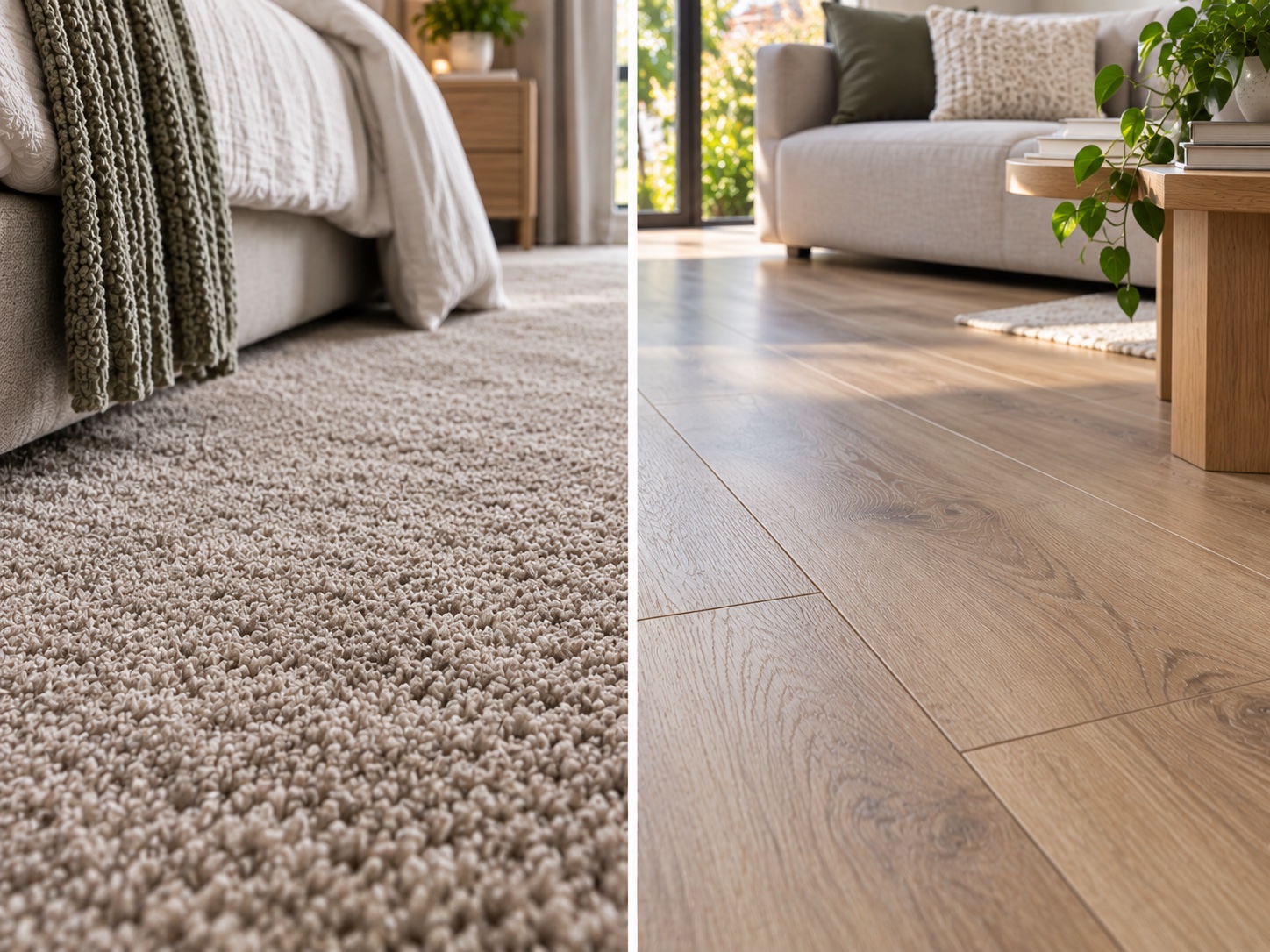 A side-by-side floor detail: on the left the looped texture of carpet, on the right the timber grain of hybrid planks