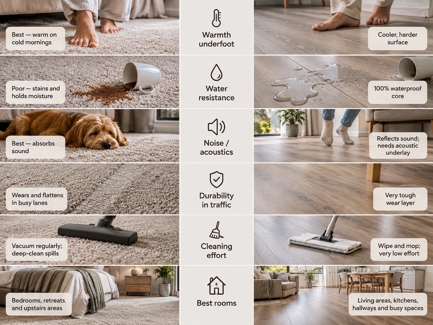 Carpet compared with hybrid across the same six points as the table above: warmth, water, noise, durability, cleaning and best rooms