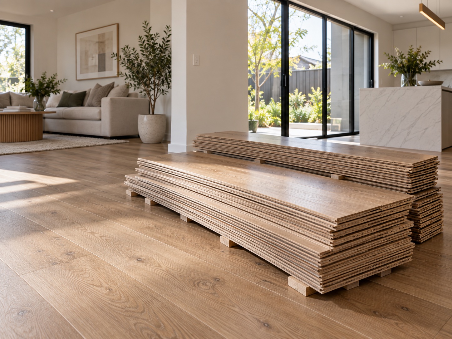 Stacks of engineered planks laid out on timber battens in an open-plan living area, raised off the floor so air can move around them