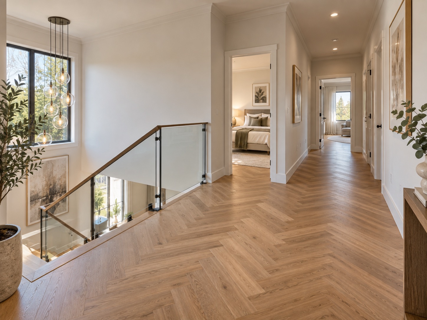 An upstairs landing laid in a herringbone timber pattern, with a glass balustrade beside the stairwell void