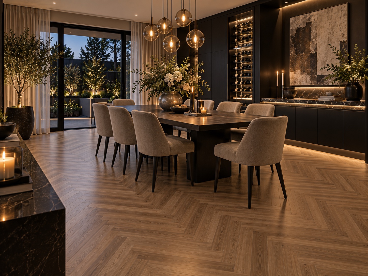 A dining room floored in mid-brown herringbone, lit warmly in the evening with a dark table and pendant lights