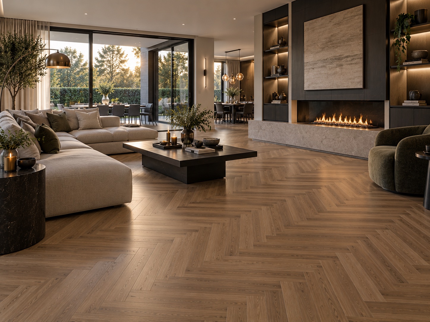 An open-plan living and dining space floored in natural oak herringbone, running unbroken between the two zones