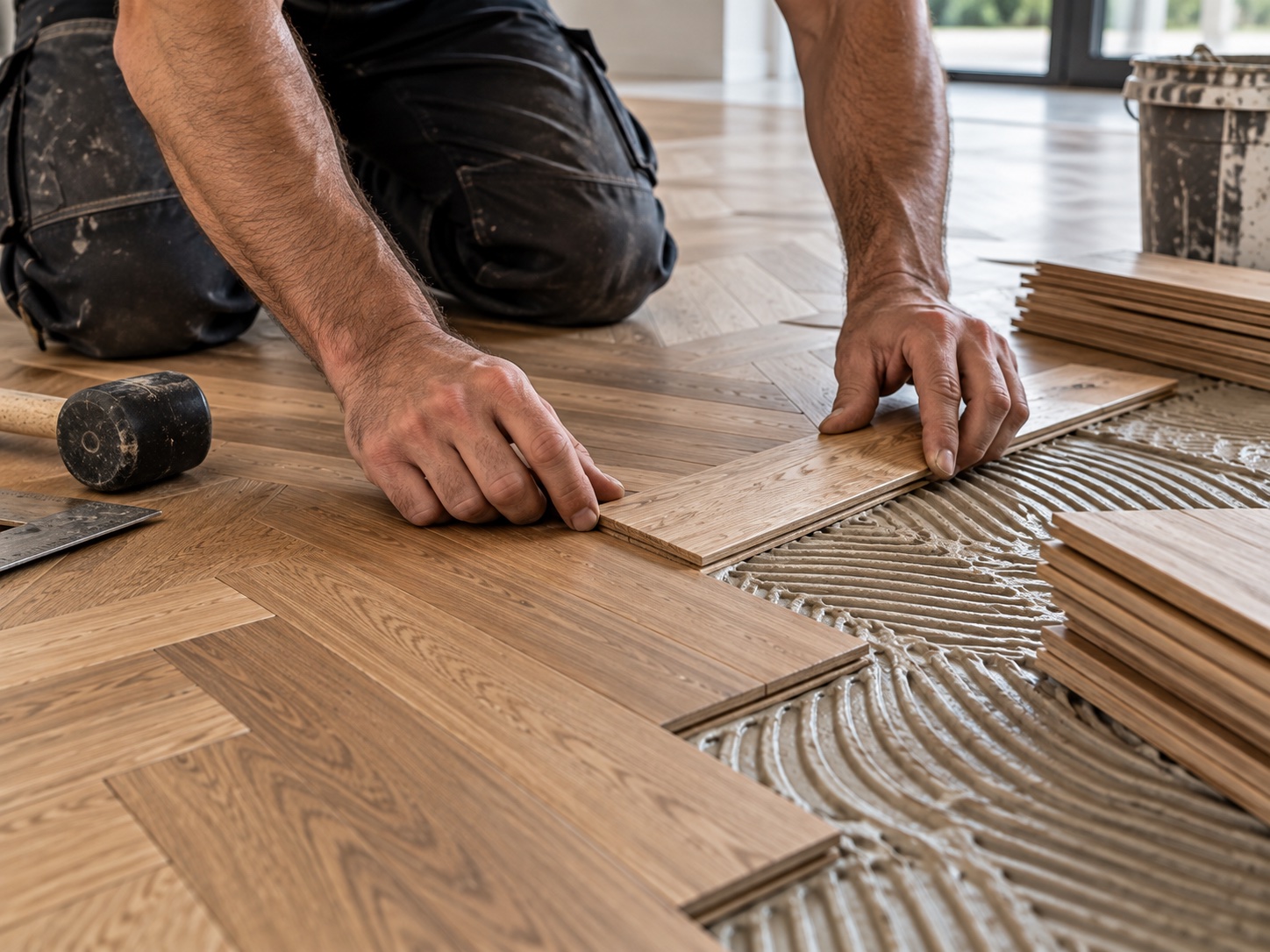 A close view of an installer's hands setting a herringbone plank into the combed adhesive, with a mallet and more planks beside them