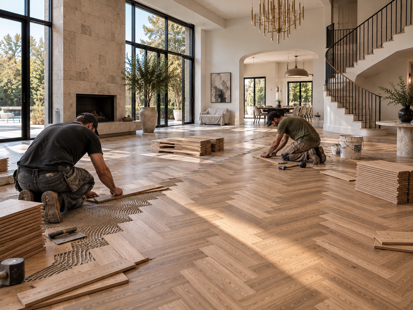 Two installers laying a herringbone floor across a large open-plan living room with a staircase and full-height windows
