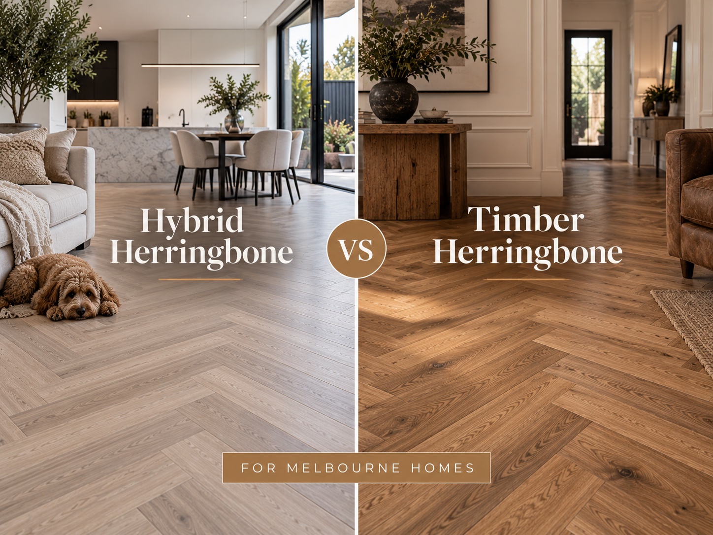 Hybrid herringbone on the left beside timber herringbone on the right, both laid in Melbourne homes