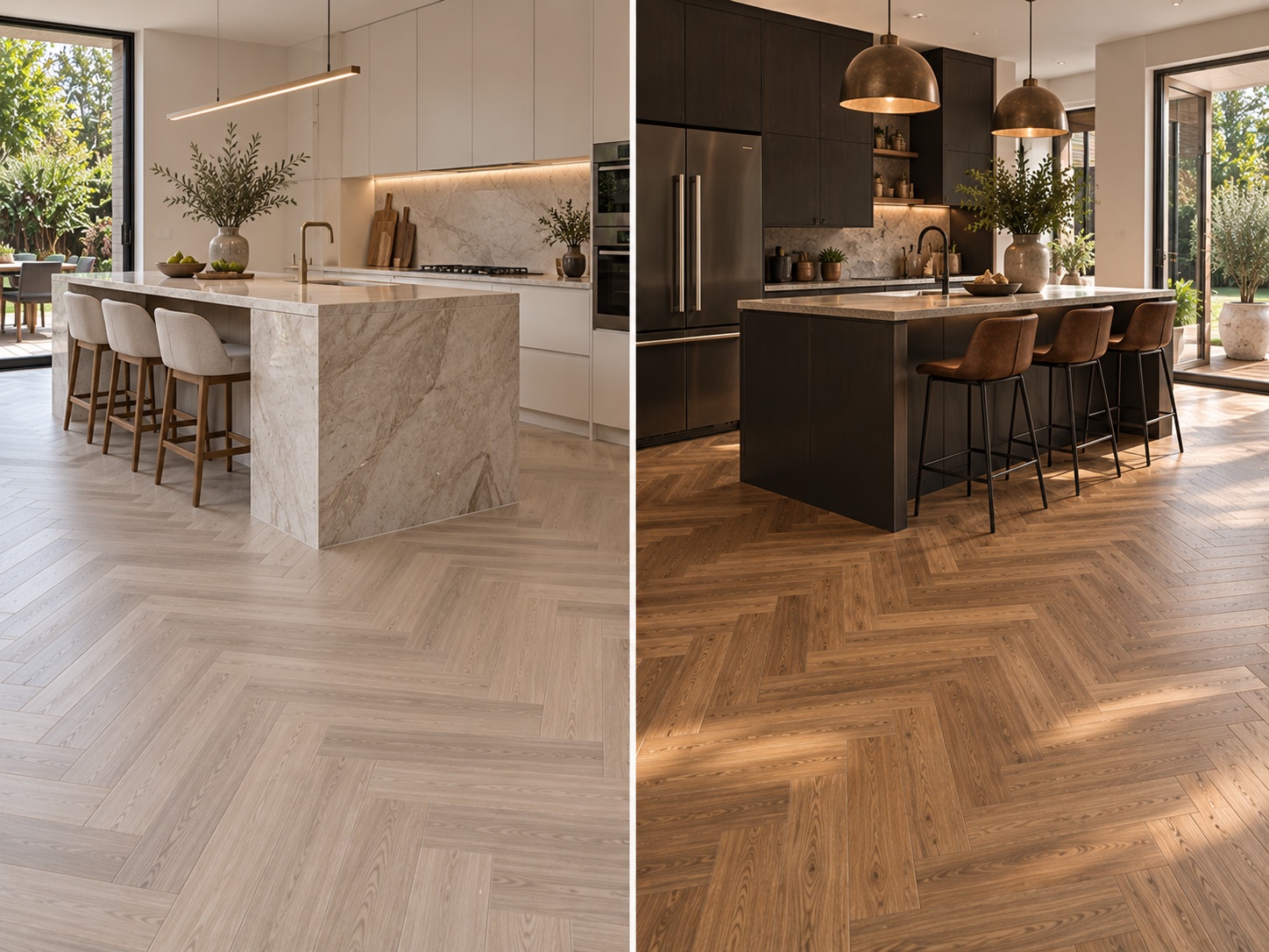 Two kitchens side by side: hybrid herringbone in a pale kitchen on the left, timber herringbone in a dark kitchen on the right