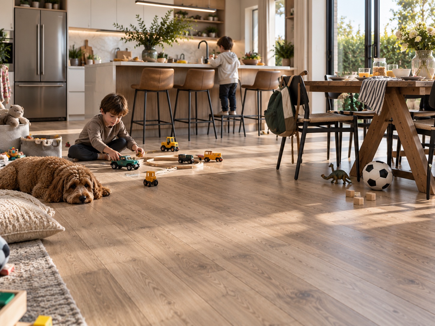 A child playing with toy cars on the laminate floor of an open-plan kitchen while a dog lies nearby and another child stands at the bench