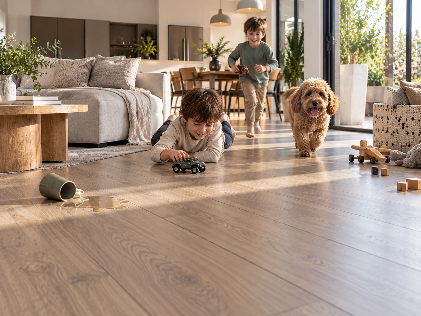 Two children and a dog moving across a laminate living-room floor, with a tipped cup and a small spill in the foreground