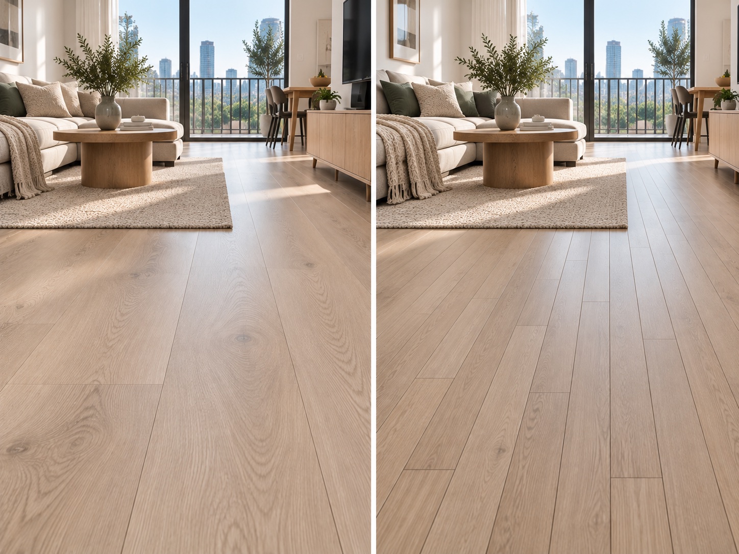 Two plank widths side by side in the same apartment living room: wider boards on the left, narrower boards on the right