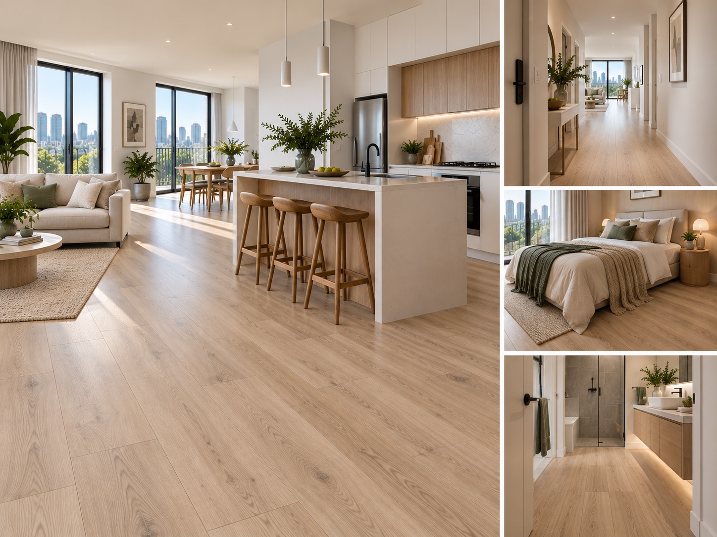 One laminate colour running through a whole apartment: the living and kitchen area, the hallway, the bedroom and the bathroom