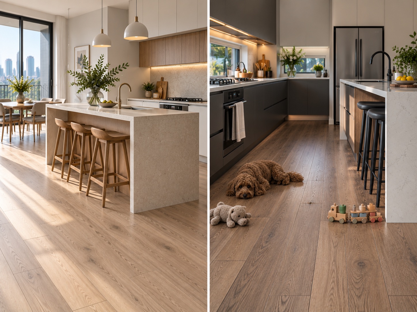 Two family kitchens side by side, one in laminate and one in hybrid, with a dog and toys on the floor of the right-hand kitchen