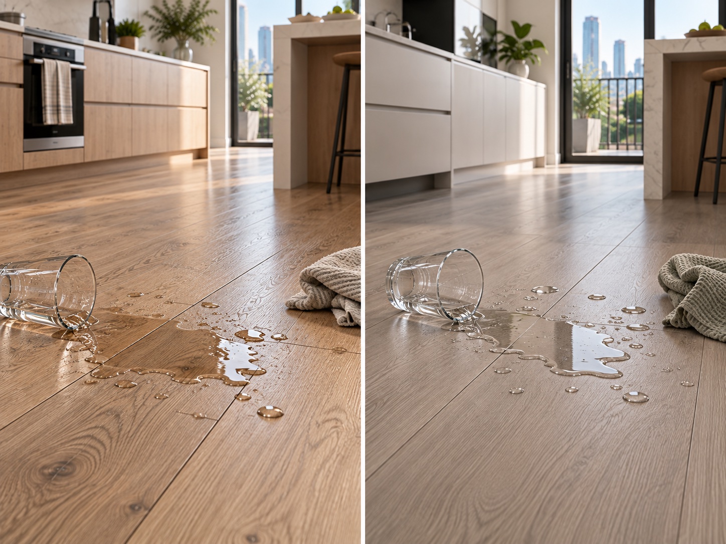 The same spill on both floors side by side: a tipped glass and a pool of water on laminate on the left and on hybrid on the right